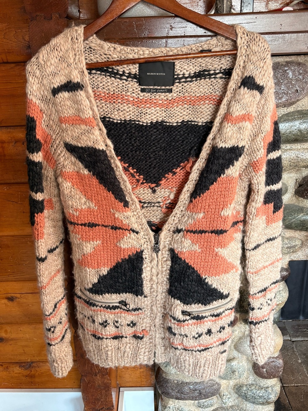 Maison Scotch 80% Wool Abstract Geometric Chunky Knit Cardigan Size 1